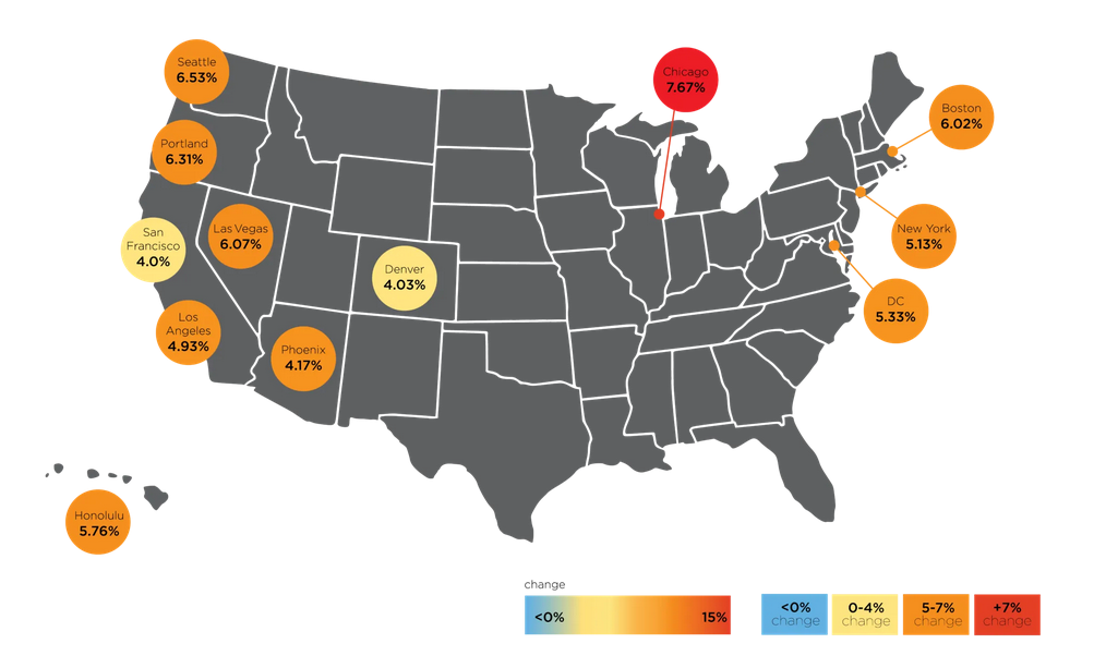 Comparative map for construction cost increases, Rider Levett Bucknall