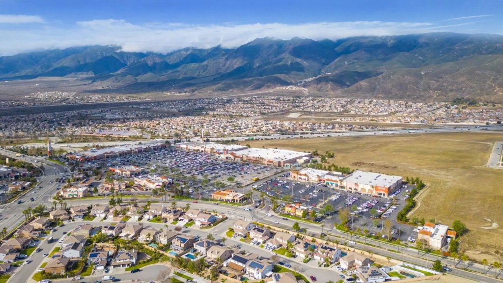Aerial view of Falcon Ridge Town Center in Fontana, Calif.
