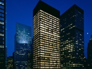 Night-time view of The Seagram Building in Manhattan, N.Y.