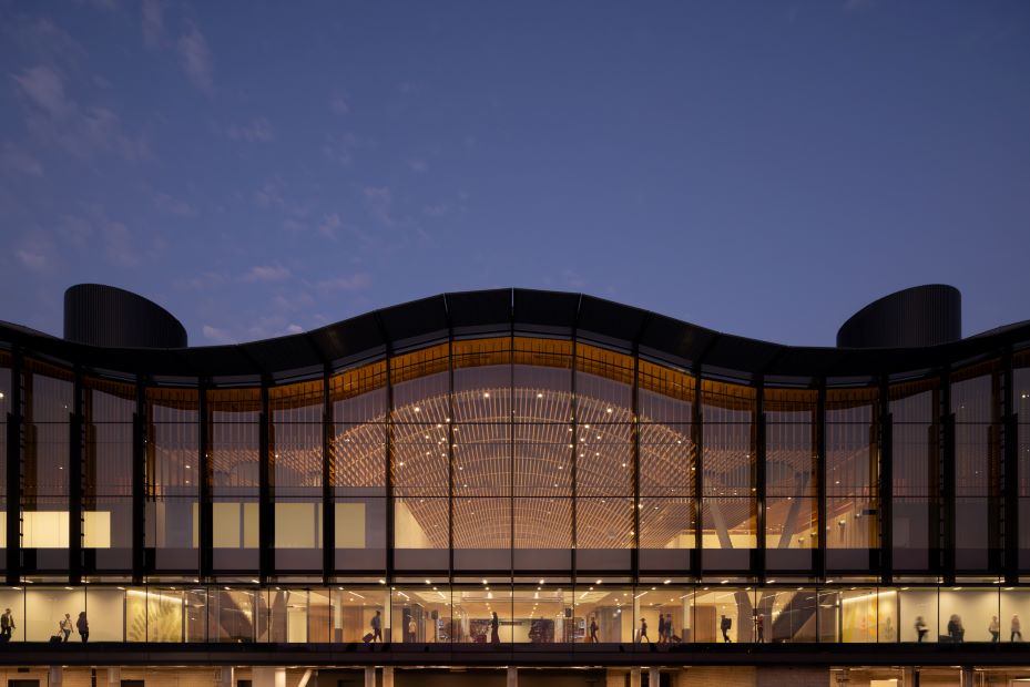 Exterior view of Portland International Airport at sunset.