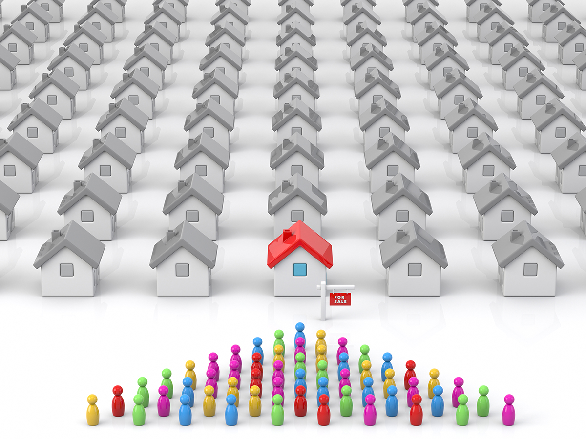 Housing Shortage Supply Demand Crisis Home Inventory 3d Concept Illustration, people in queue to purchase home