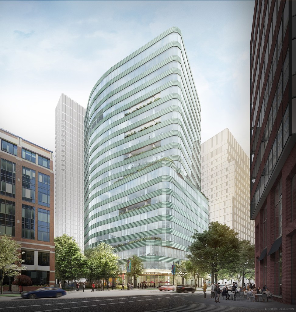 rendering of a curvilinear glass-and-steel high-rise building with horizontal aqua bands at each floor, with older brick buildings in the foreground and pale skyscrapers in the background