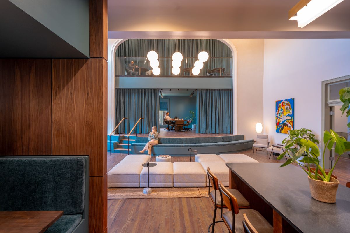 Interior shot of the two-story auditorium at Primary Workspace