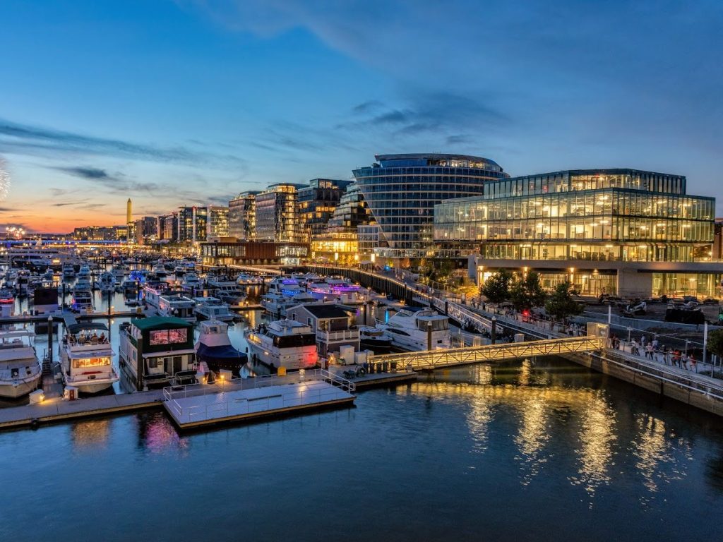 Aerial shot of The Wharf, a 3.5 million-square-foot mixed-use neighborhood in Washington, D.C., along the Potomac River.