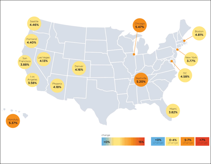Comparative map of the annual percentage change in construction costs for the U.S. from Rider Levett Bucknall