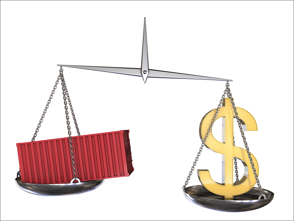 3D illustration: vintage scales in disbalance with the red cargo container on one side and a sign of us dollar on the other. On white background. Economic balance. Trade war.