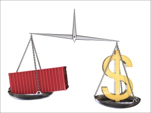 3D illustration: vintage scales in disbalance with the red cargo container on one side and a sign of us dollar on the other. On white background. Economic balance. Trade war.