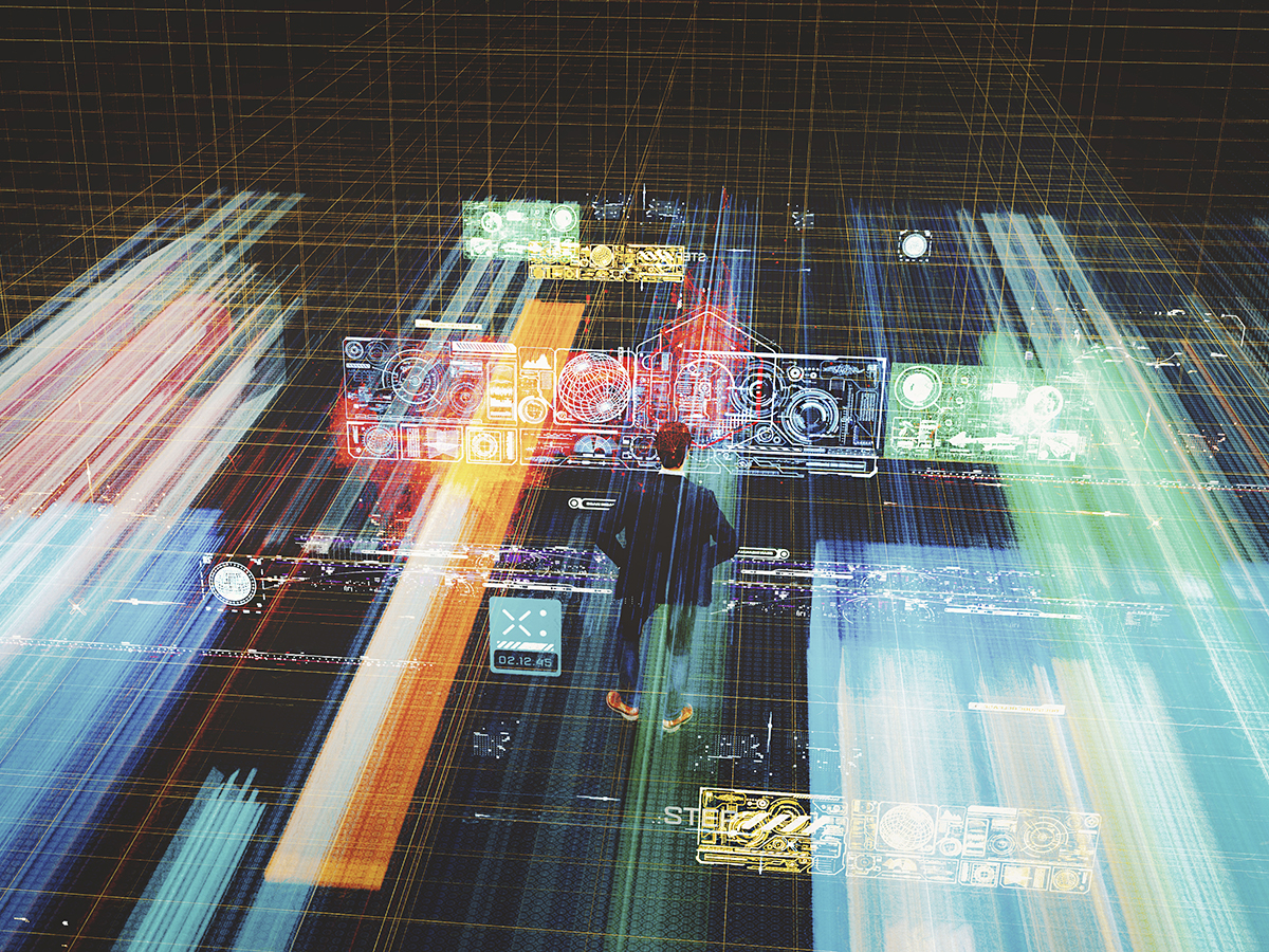Abstract technology image with man using VR environment. This is entirely 3D generated image.