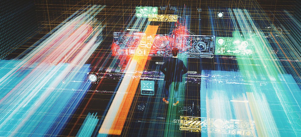 Abstract technology image with man using VR environment. This is entirely 3D generated image.
