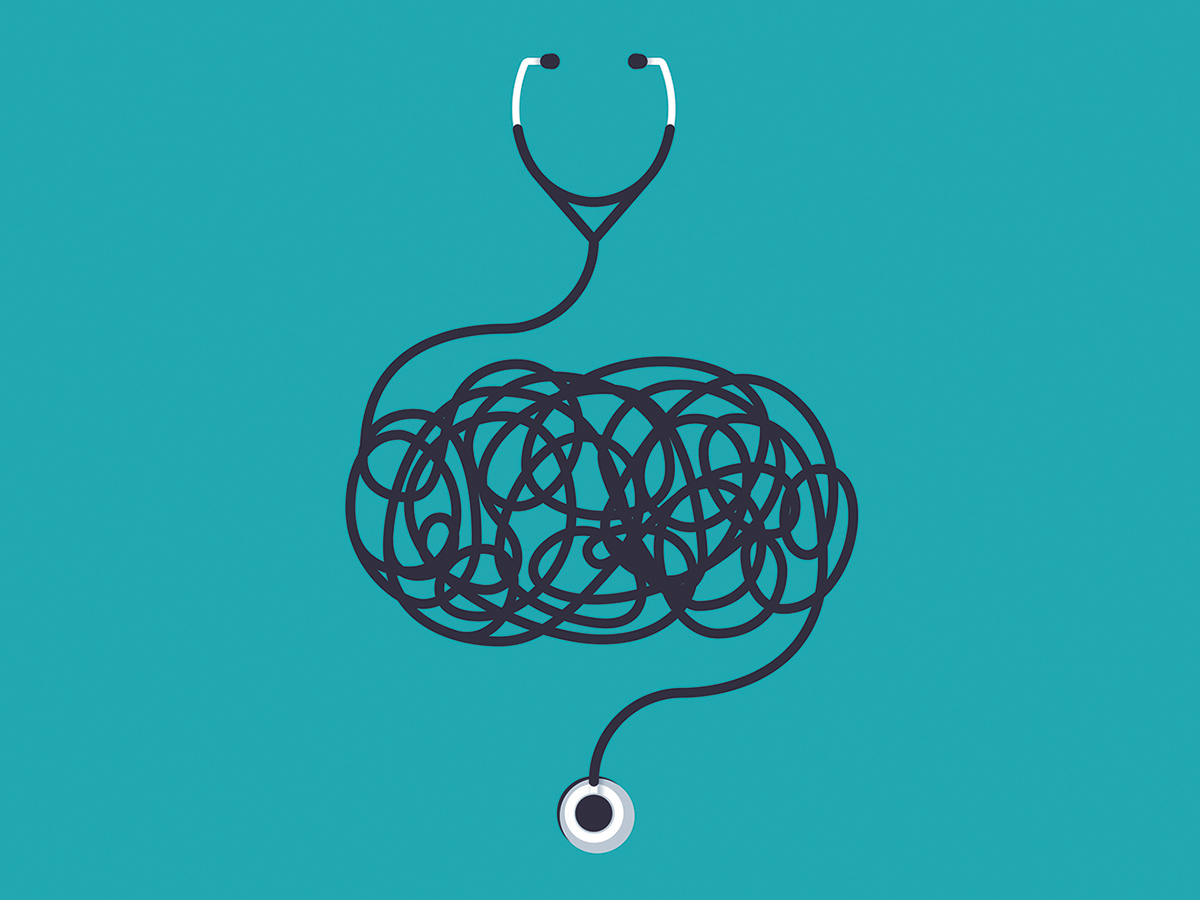 Healthcare and medicine tangled complex confusion medical illustration concept.