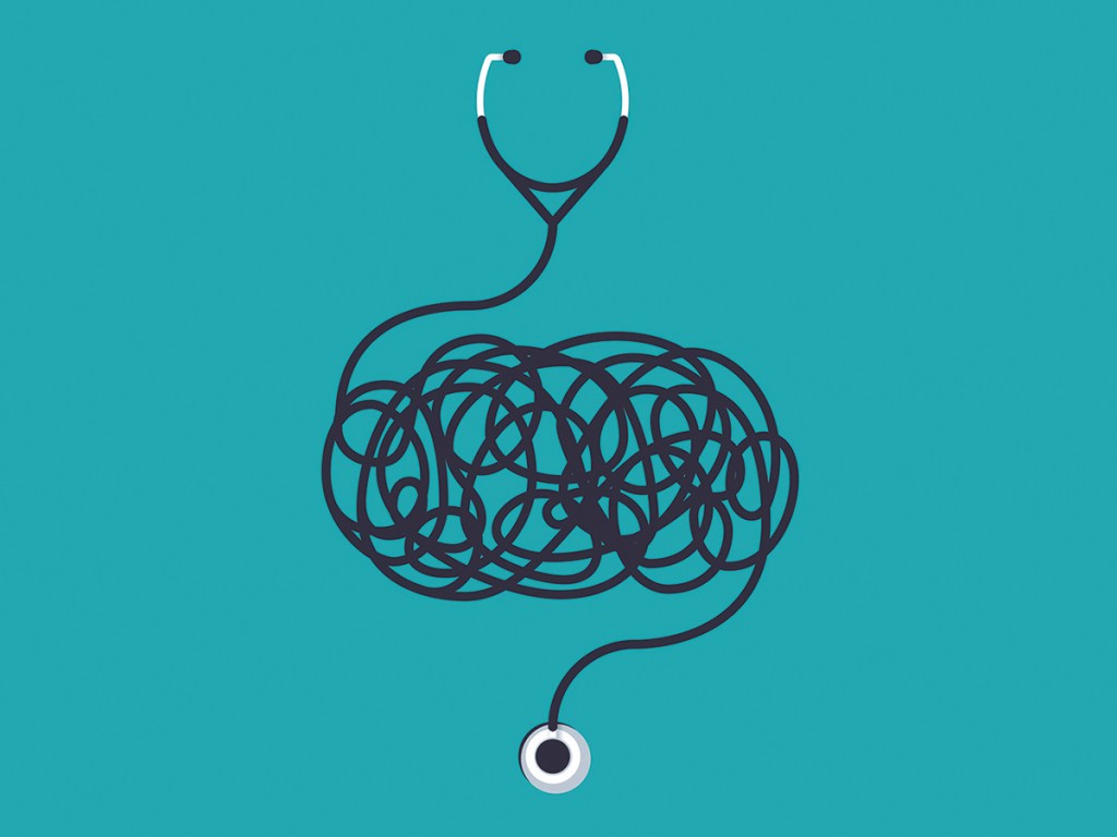 Healthcare and medicine tangled complex confusion medical illustration concept.