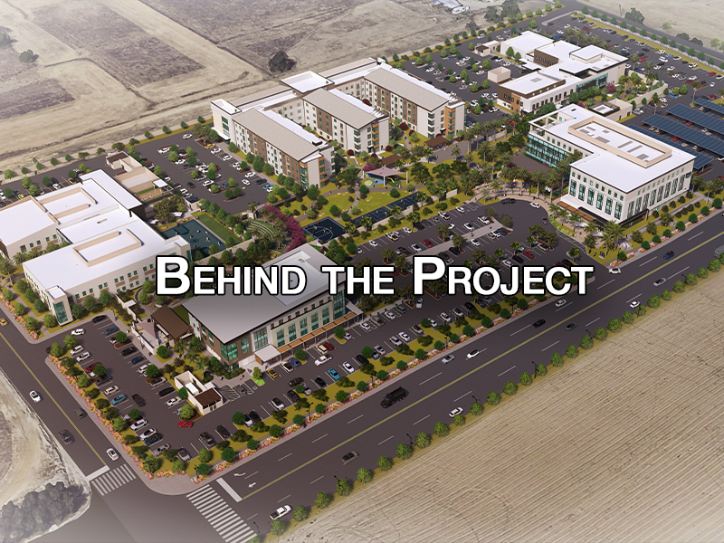 Image rendering of The Wellness Village that includes the title Behind the Project