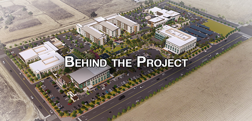 Image rendering of The Wellness Village that includes the title Behind the Project