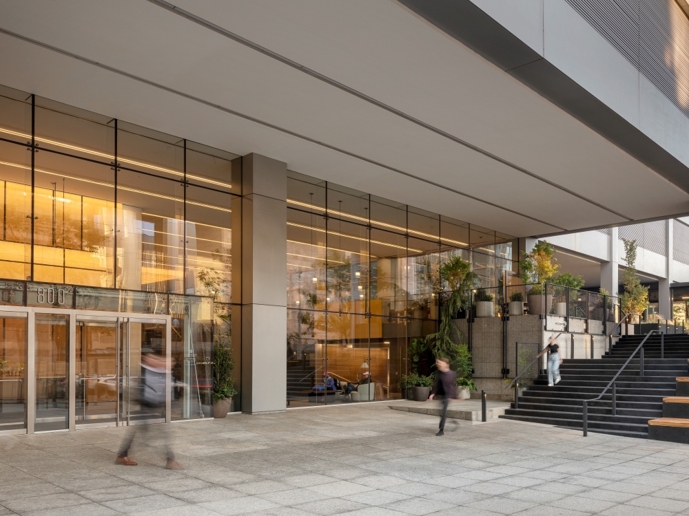 Exterior shot of the lobby at 800 Fifth, an office building in Seattle.