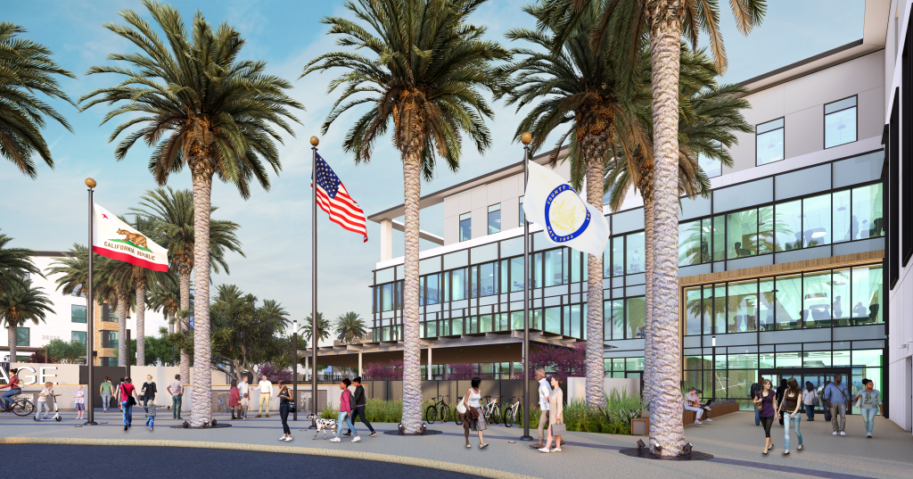 Image rendering of a building that is part of The Wellness Village. It includes a multiple story building, with outside green spaces, a front lawn with 3 flags and palm trees, as well as people walking around