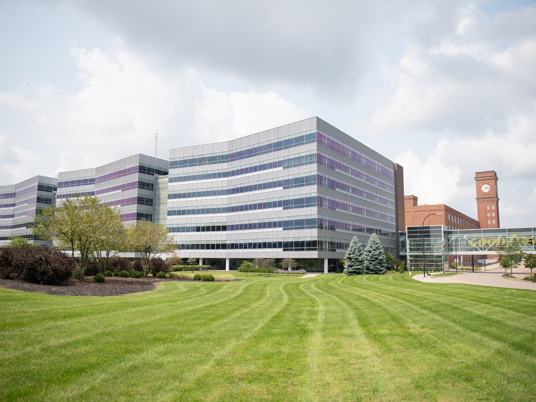 Outside photo of Goodyear's headquarters in Akron, Ohio.