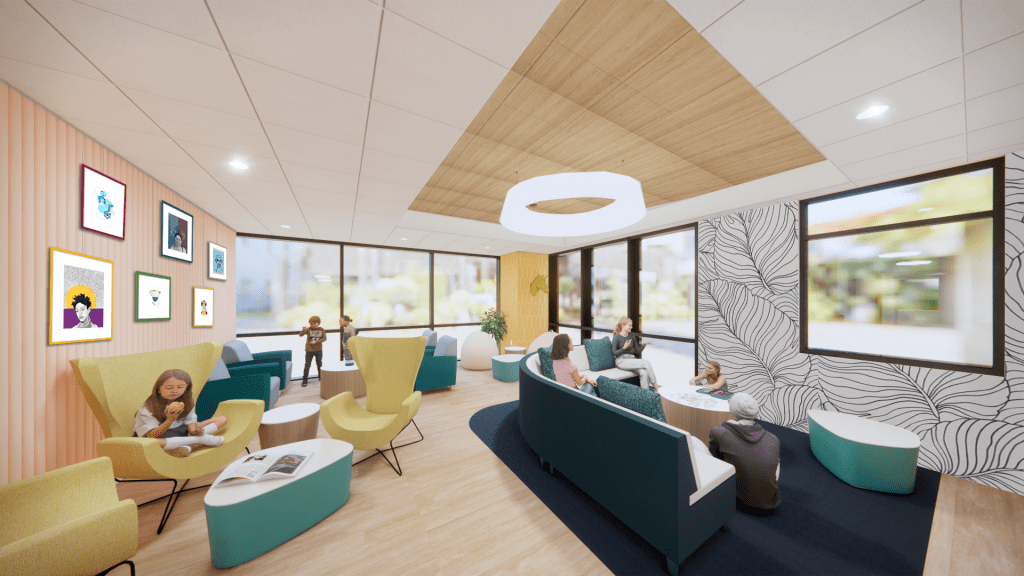 A rendering of a third-floor lounge at The Wellness Village. Image includes furniture pieces, paintings and people sitting around