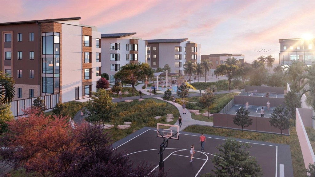 Aerial rendering of several sports courts and walking paths at the Wellness Village