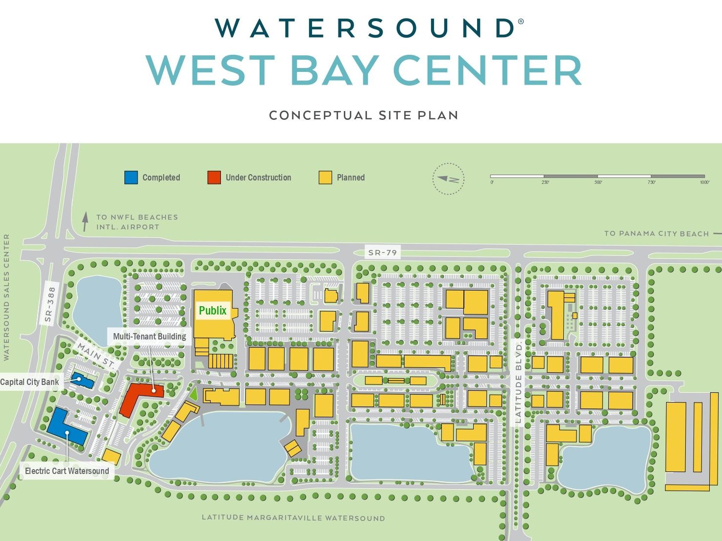 Image of the development site at Watersound West Bay Center in Panama City Beach Fla. The plans reveal an ample site with two completed buildings, one under construction and several others either scheduled to break ground or planned to be developed.