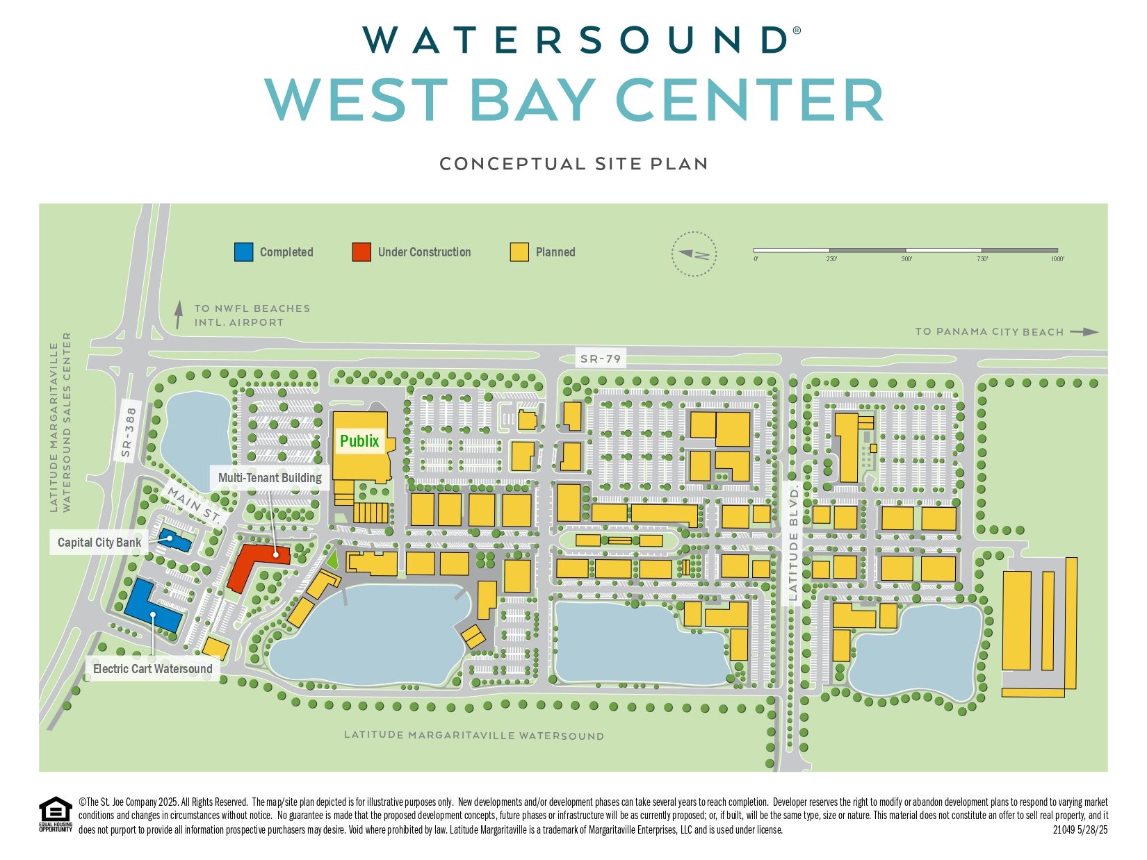 Image of the development site at Watersound West Bay Center in Panama City Beach Fla. The plans reveal an ample site with two completed buildings, one under construction and several others either scheduled to break ground or planned to be developed.