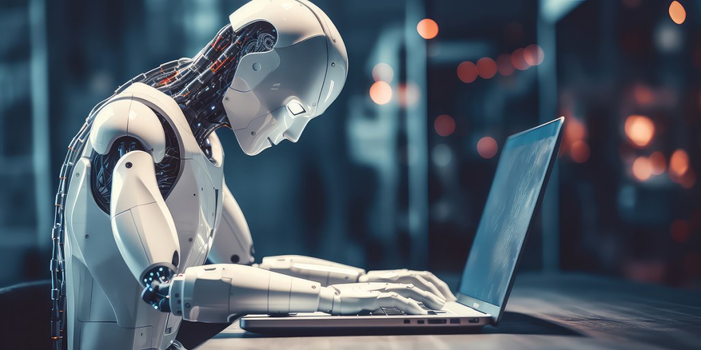 Humanoid robot programming on a laptop. Artificial intelligence replaces human employees concept.