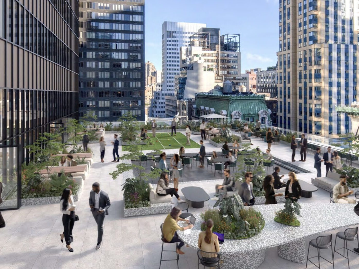 Rendering of Life Time Inc.'s future retail space at 10 Bryant. The image features a terrace designated for working, playing sports and interacting socially.