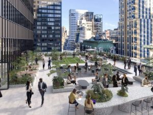 Rendering of Life Time Inc.'s future retail space at 10 Bryant. The image features a terrace designated for working, playing sports and interacting socially.