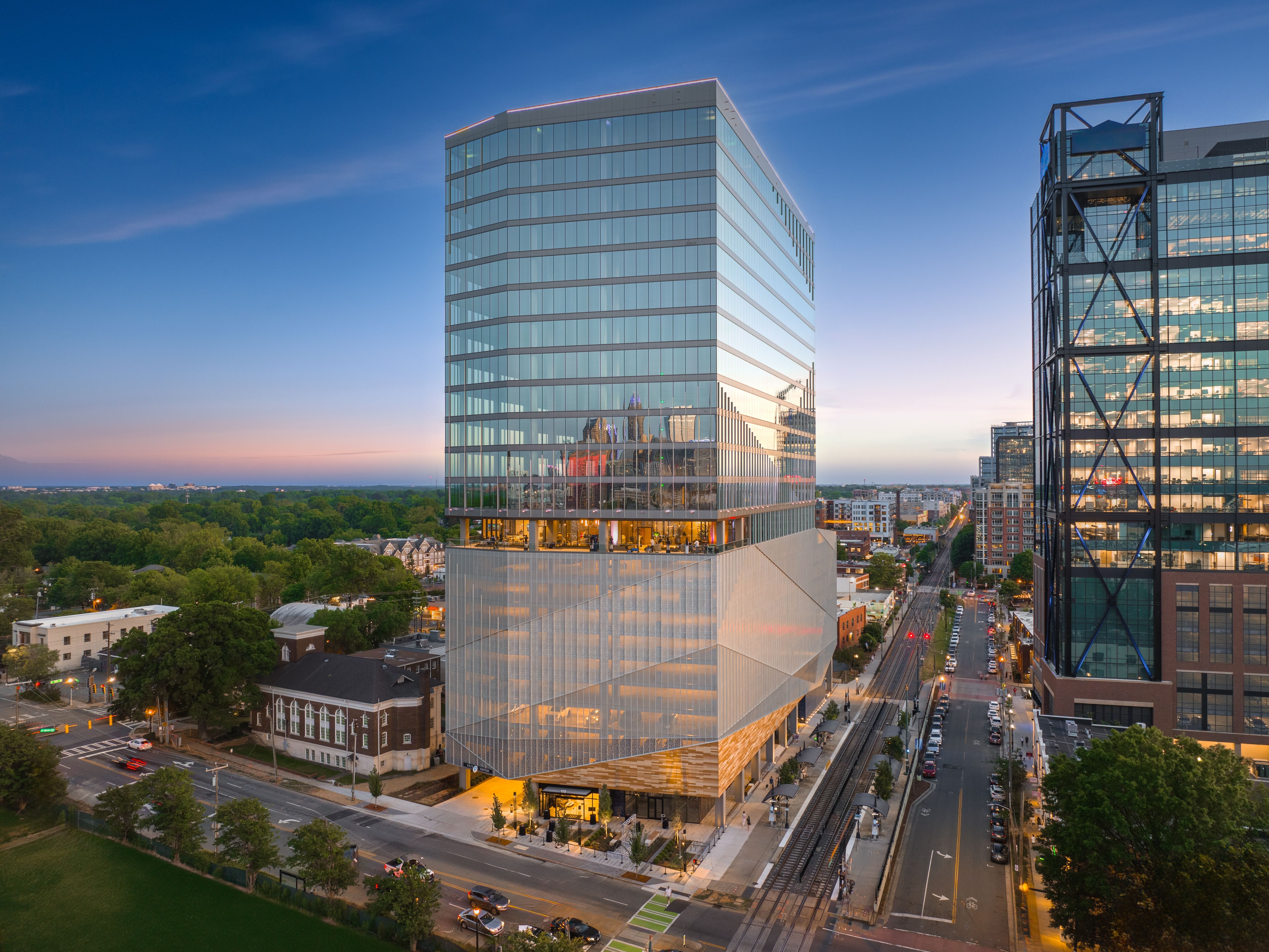 Exterior shot of 110 East, a 23-story office building in Charlotte, N.C.