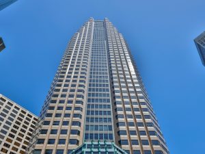 Exterior shot of Figueroa at Wilshire, a 52-story, 1,041,315-square-foot office tower in Los Angeles’s Financial District.
