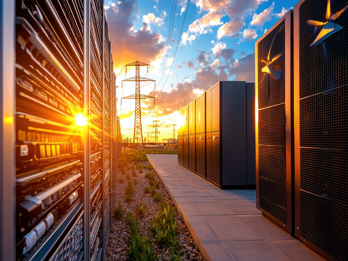 A modern data center with power lines silhouetted against a vibrant sunset sky, symbolizing the convergence of technology and energy infrastructure in the digital age.