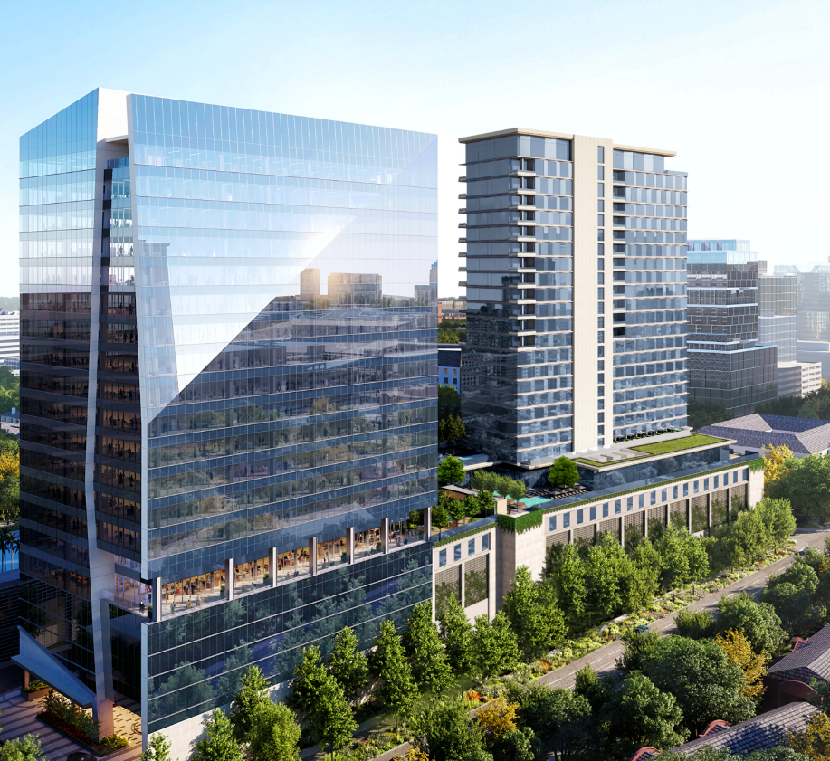 Exterior aerial rendering of Chalk Hill in Uptown Dallas