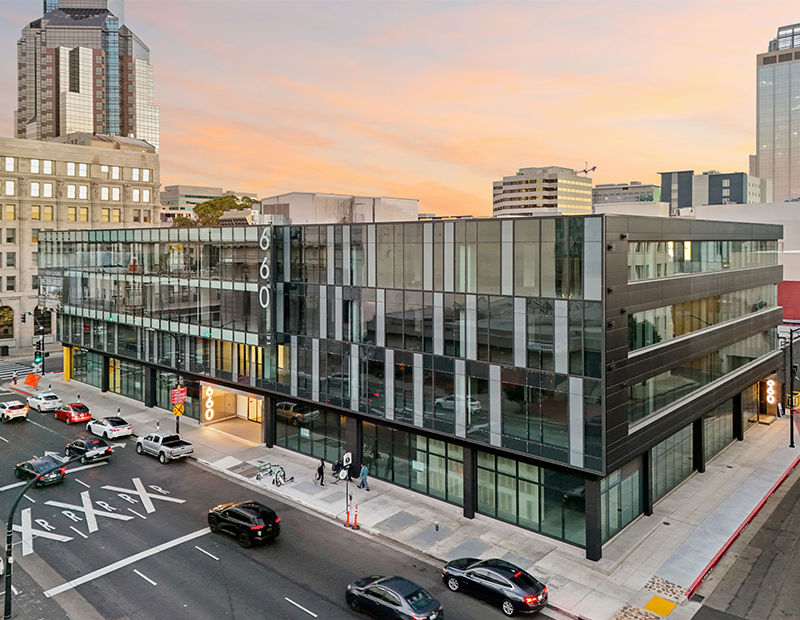 SixSixty medical office building exterior at sunset.