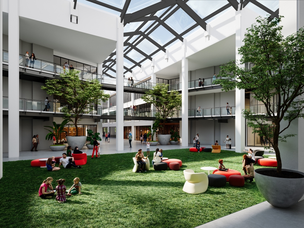 Rendering of the piazza within West Side of Bell Works Chicagoland, an office redevelopment in Hoffman Estate, Ill.