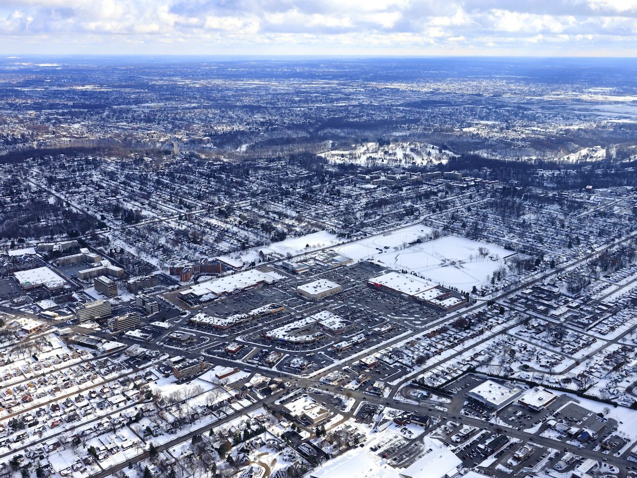 Aerial shot of Westgate Shopping Center, a 10-building, 311,440-square-foot retail property in Cleveland’s Fairview Park suburb.