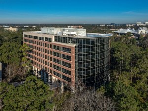 Exterior shot of 10001 Six Pines, an office building in Houston.
