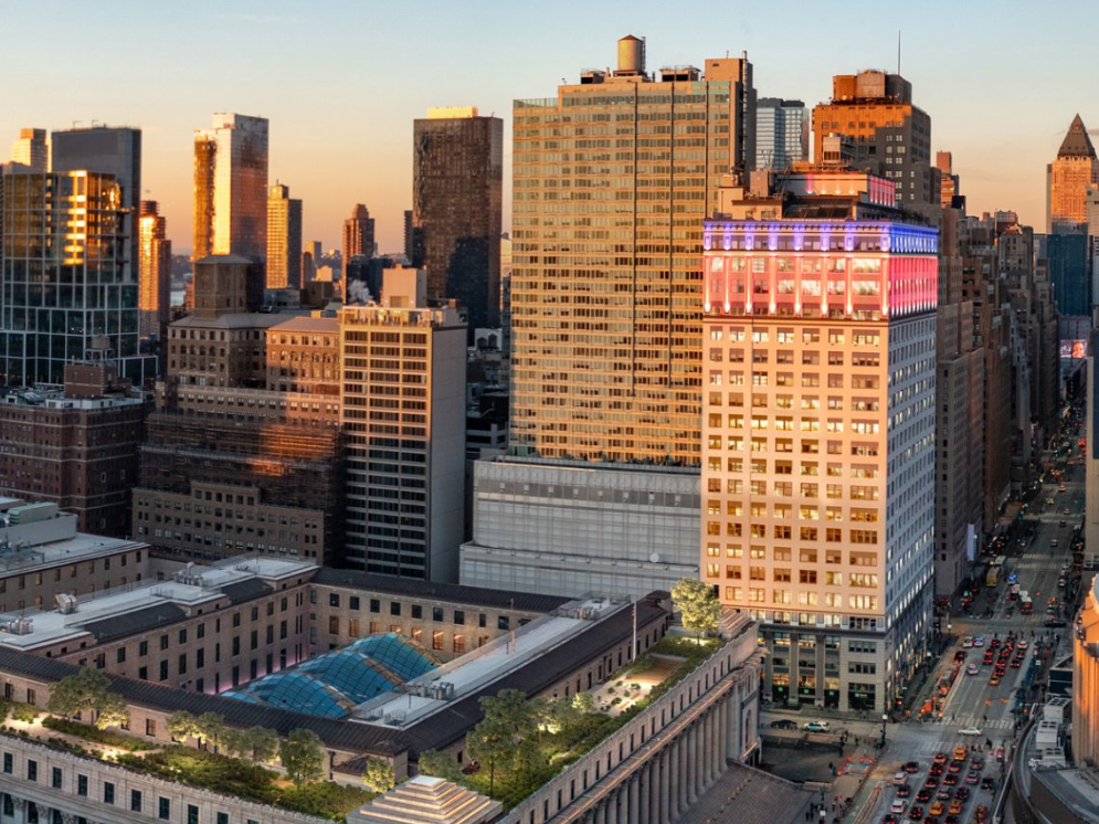 Aerial shot of 5 Penn Plaza, a 24-story, 650,329-square-foot office building in Midtown Manhattan.