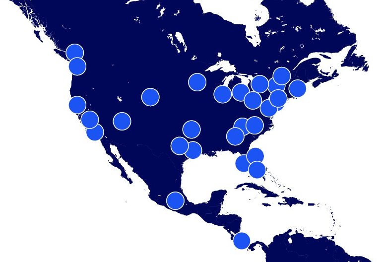 A map of North and Central America with dots marking the region's top tech markets