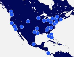 A map of North and Central America with dots marking the region's top tech markets