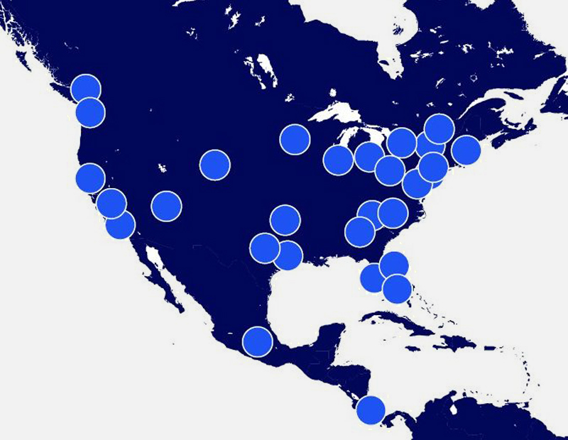 A map of North and Central America with dots marking the region's top tech markets