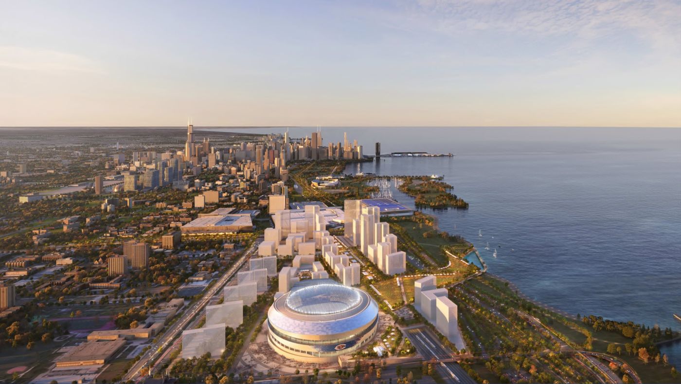 Rendering of the Bronzeville Lakefront megadevelopment with the Chicago Bears stadium