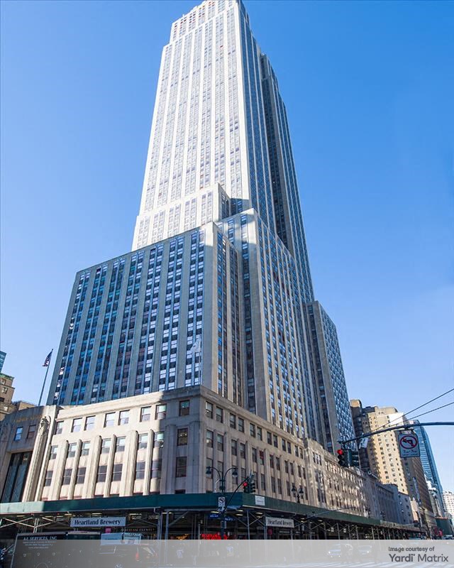 Exterior shot of Empire State Building, an office tower in Manhattan.