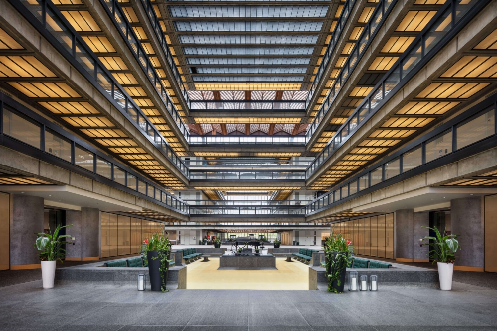An interior view of Bell Works, highlighting its intentionally designed public spaces that support work, community, and creativity. These features reflect the property’s role in pop culture placemaking, attracting both media productions and real-life engagement through its dynamic, film-ready environment.