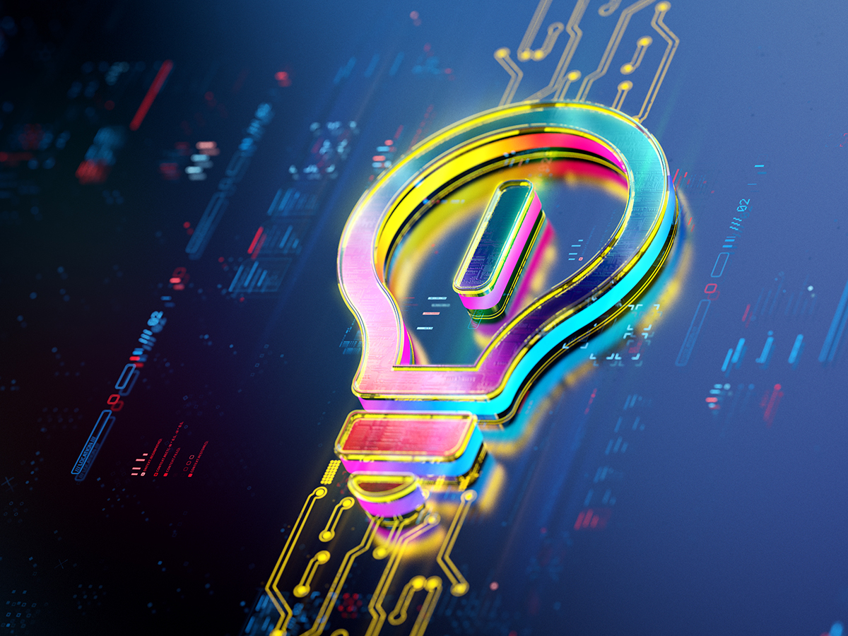 Glowing digital light bulb on digital background. New ideas evolution. Futuristic light bulb icon in world of technological progress and innovation. CGI 3D render