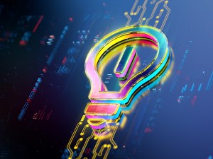 Glowing digital light bulb on digital background. New ideas evolution. Futuristic light bulb icon in world of technological progress and innovation. CGI 3D render