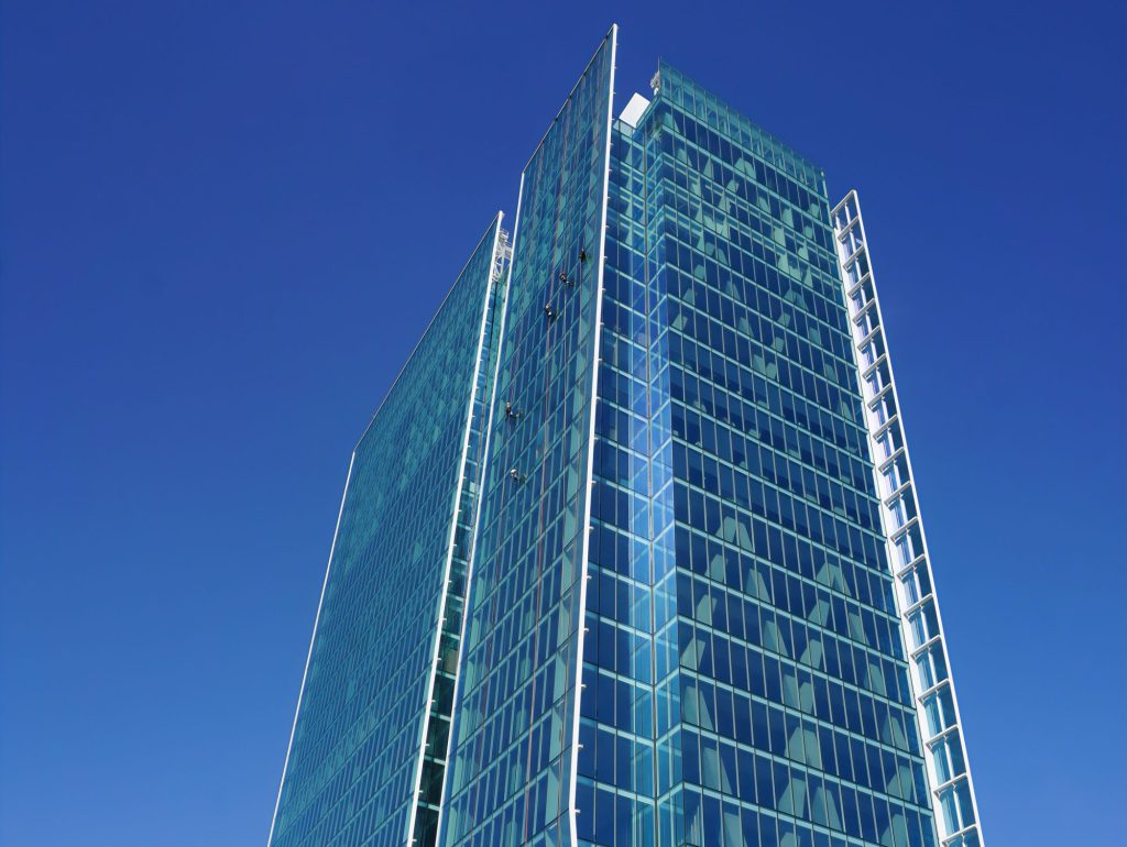 Exterior shot of the 26-story office component at 23Springs in Uptown Dallas.
