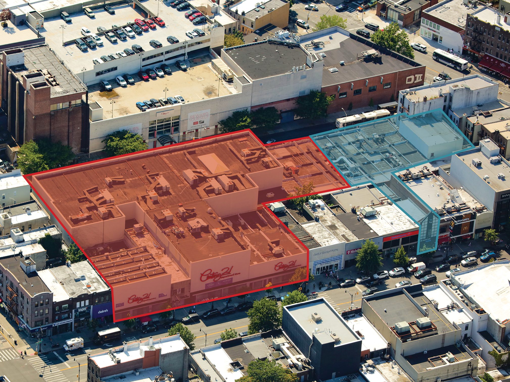Aerial shot of the 14-lot assemblage in Bay Ridge, which served as the original location for the Century 21 department store in Bay Ridge, Brooklyn.