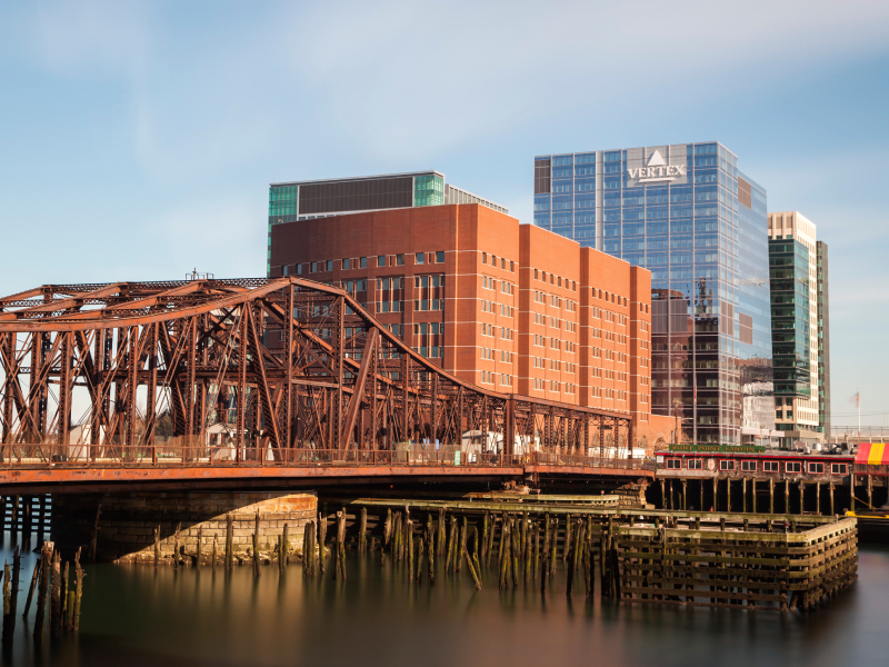 Exterior shot depicting the headquarters of Vertex Pharmaceuticals in Boston.