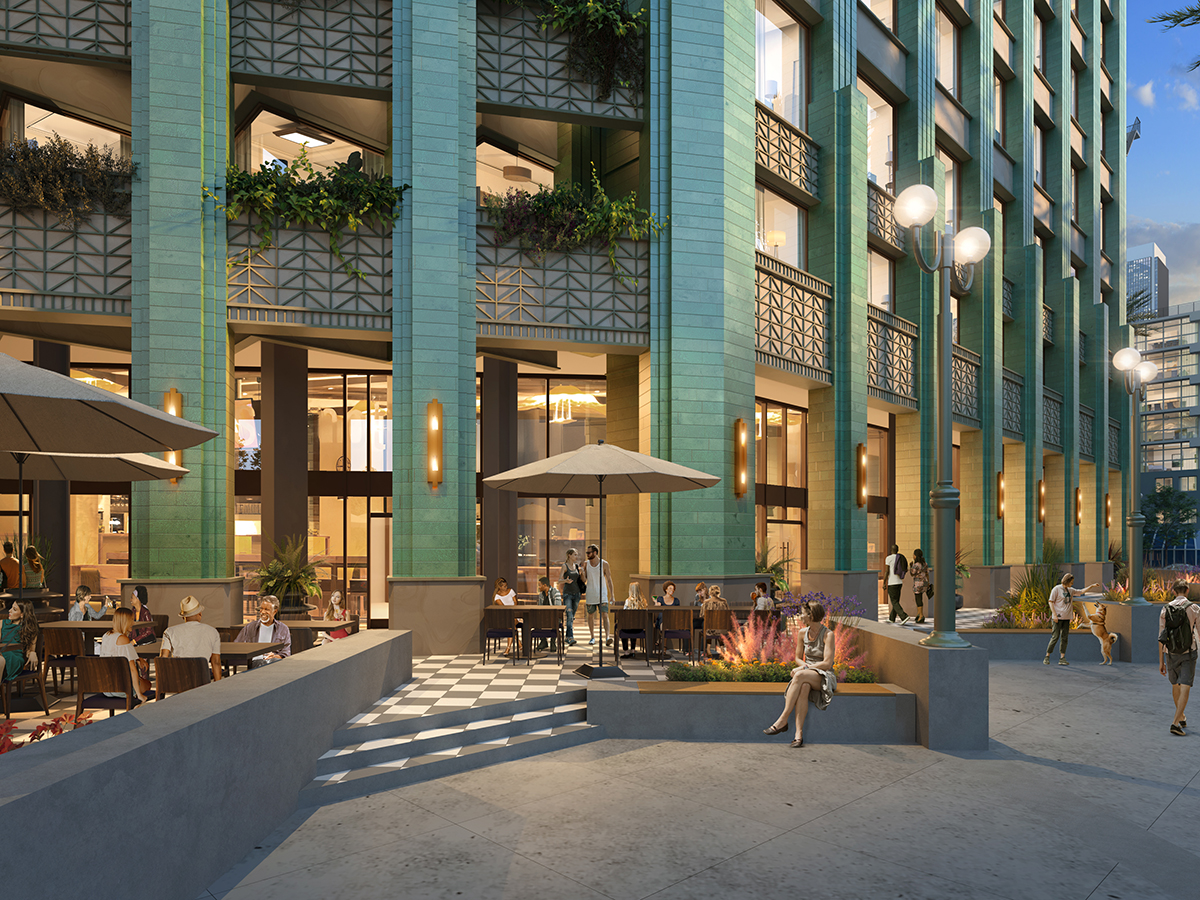 A rendering of the updated plaza of a partial office-to-residential conversion project