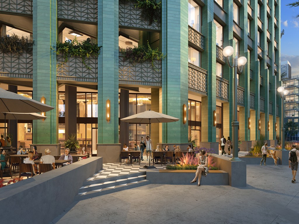 A rendering of the updated plaza of a partial office-to-residential conversion project
