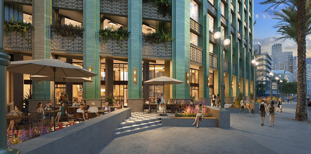 A rendering of the updated plaza of a partial office-to-residential conversion project